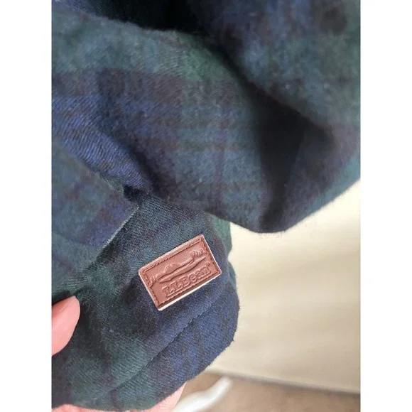 LL Bean Womens Medium Scotch Plaid Flannel Fleece Lined Hoodie Green Blue - Picture 5 of 6